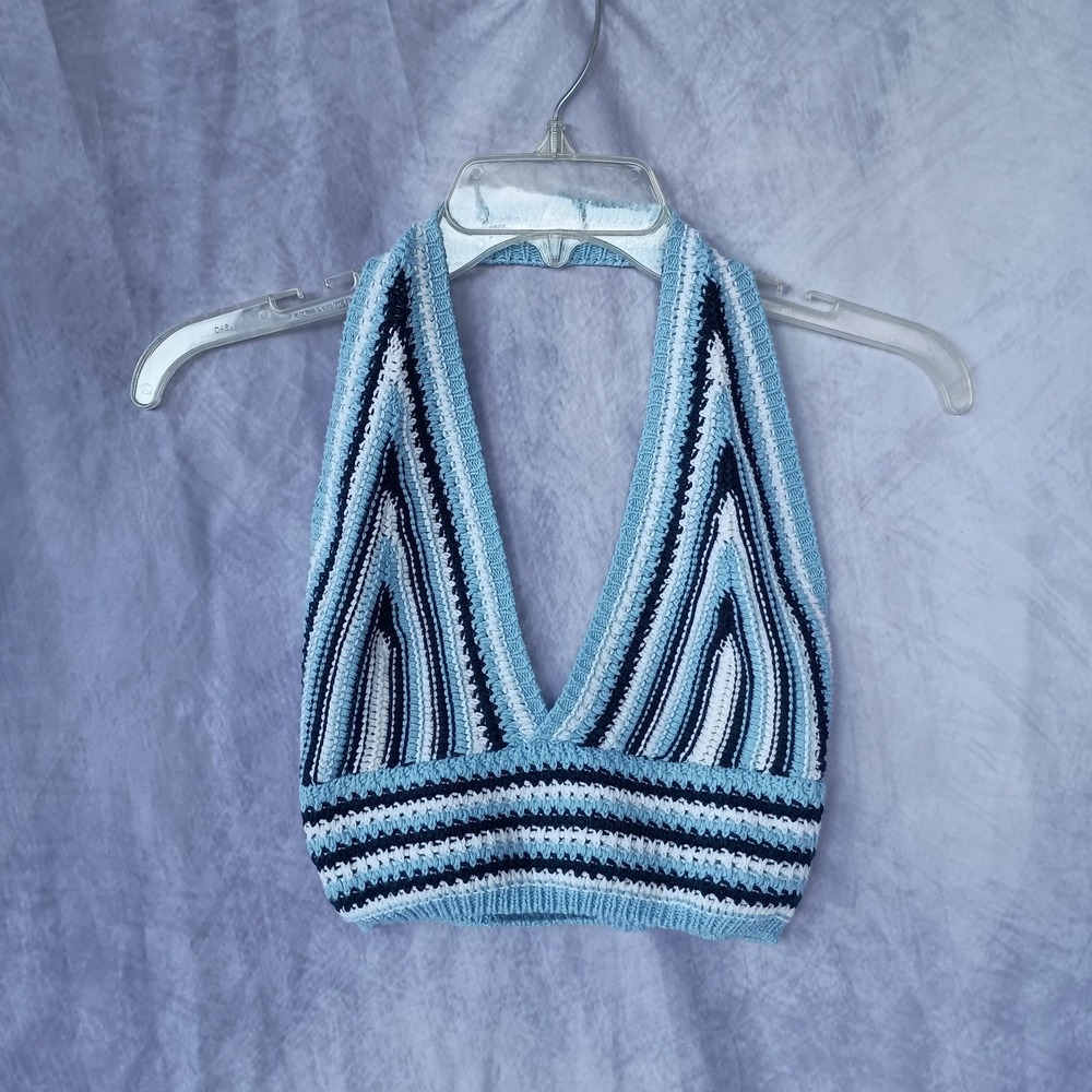 Crochet Halter Crop Top Blue White Striped Y2K Boho